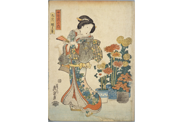 ‘Junikagetsu no Uchi Nagatsuki Ennichi no Kiku (Of the 12 months September Chrysanthemums at the Fair)’ Source: National Diet Library Digital Collection