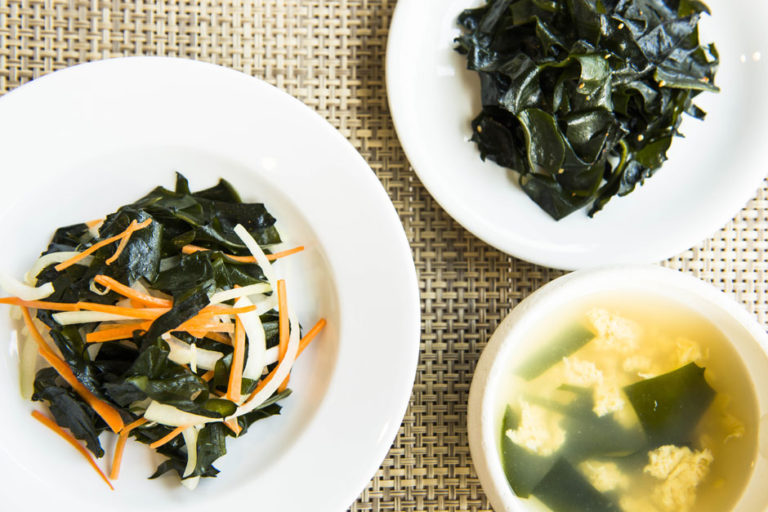 Wakame and soft egg soup,Crunchy Chinese wakame and spring onion salad, Korean namul vegetables with wakame
